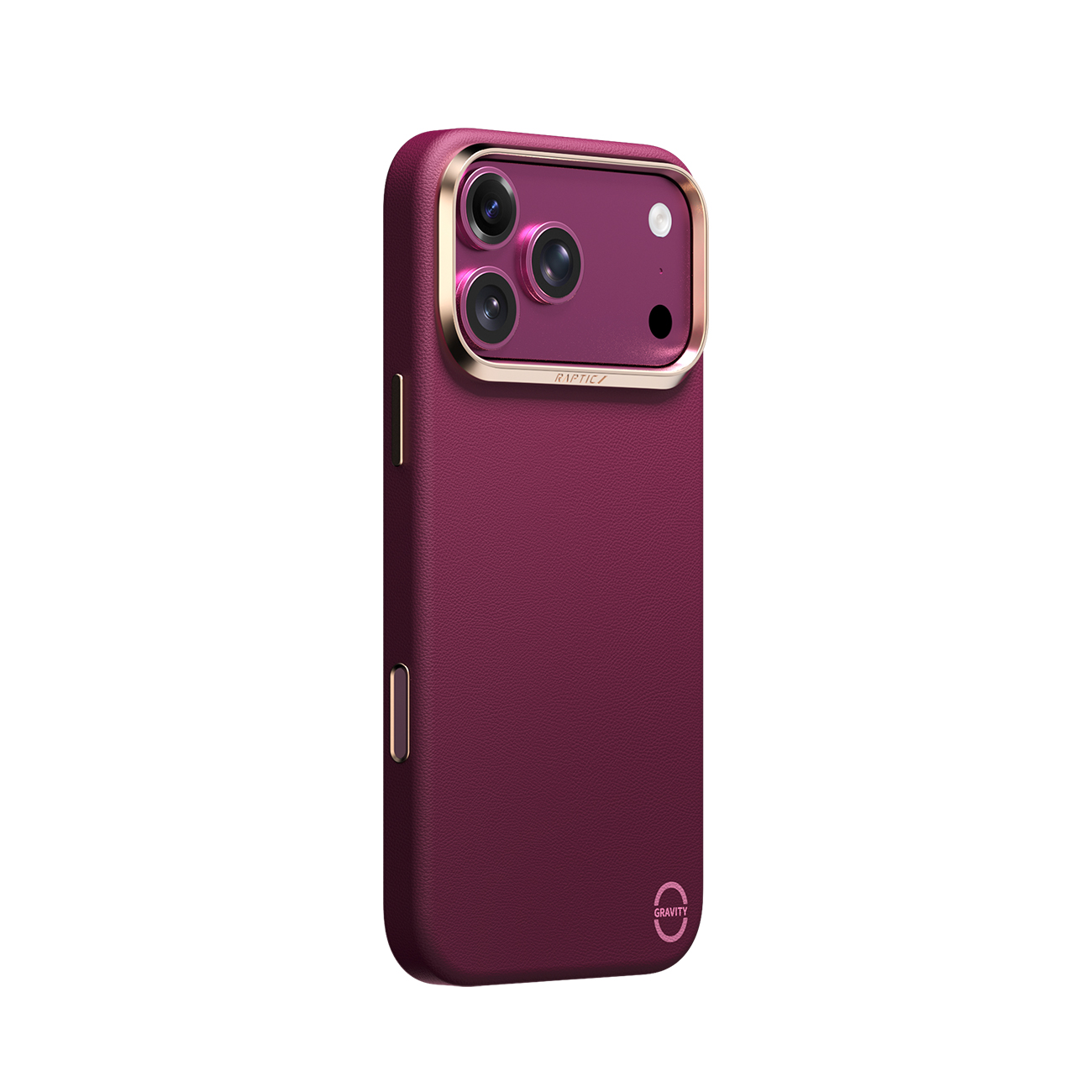 Un teléfono burdeos en una funda protectora con marco de cámara dorado y tres lentes sobre un fondo blanco.