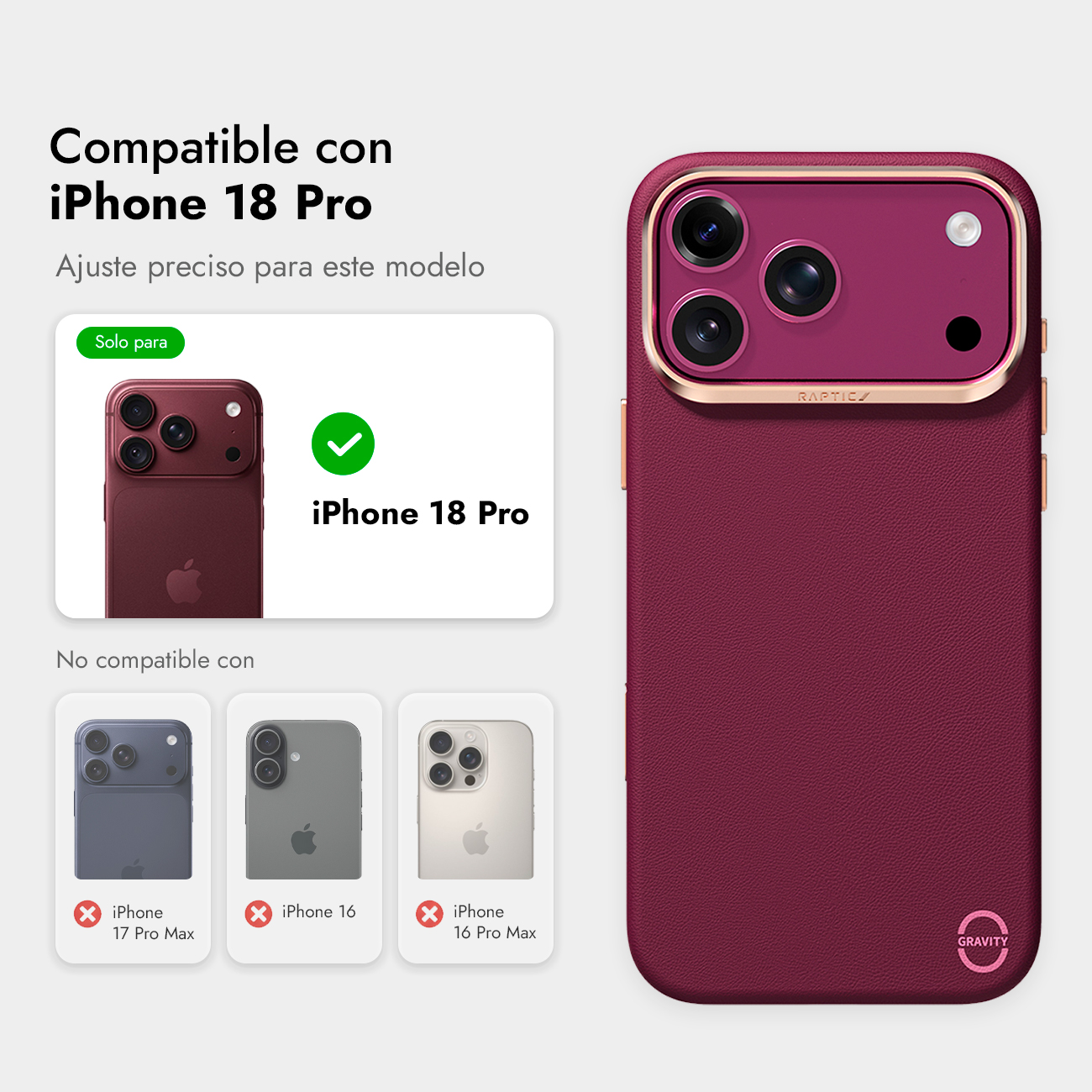 Funda roja compatible solo con iPhone 18 Pro, mostrando detalles de compatibilidad y recorte de cámara.
