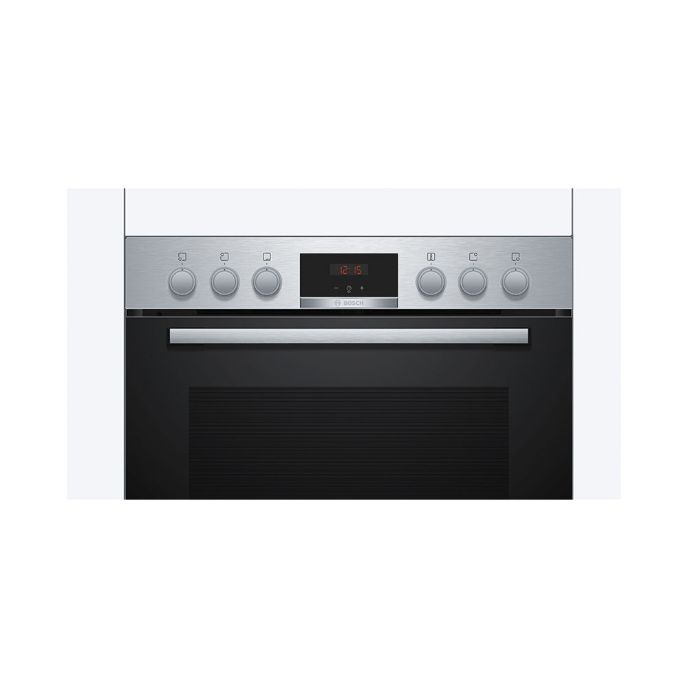 Edelstahl Bosch-Backofen mit sechs Reglern, zentraler Digitalanzeige und schwarzer Glastür.