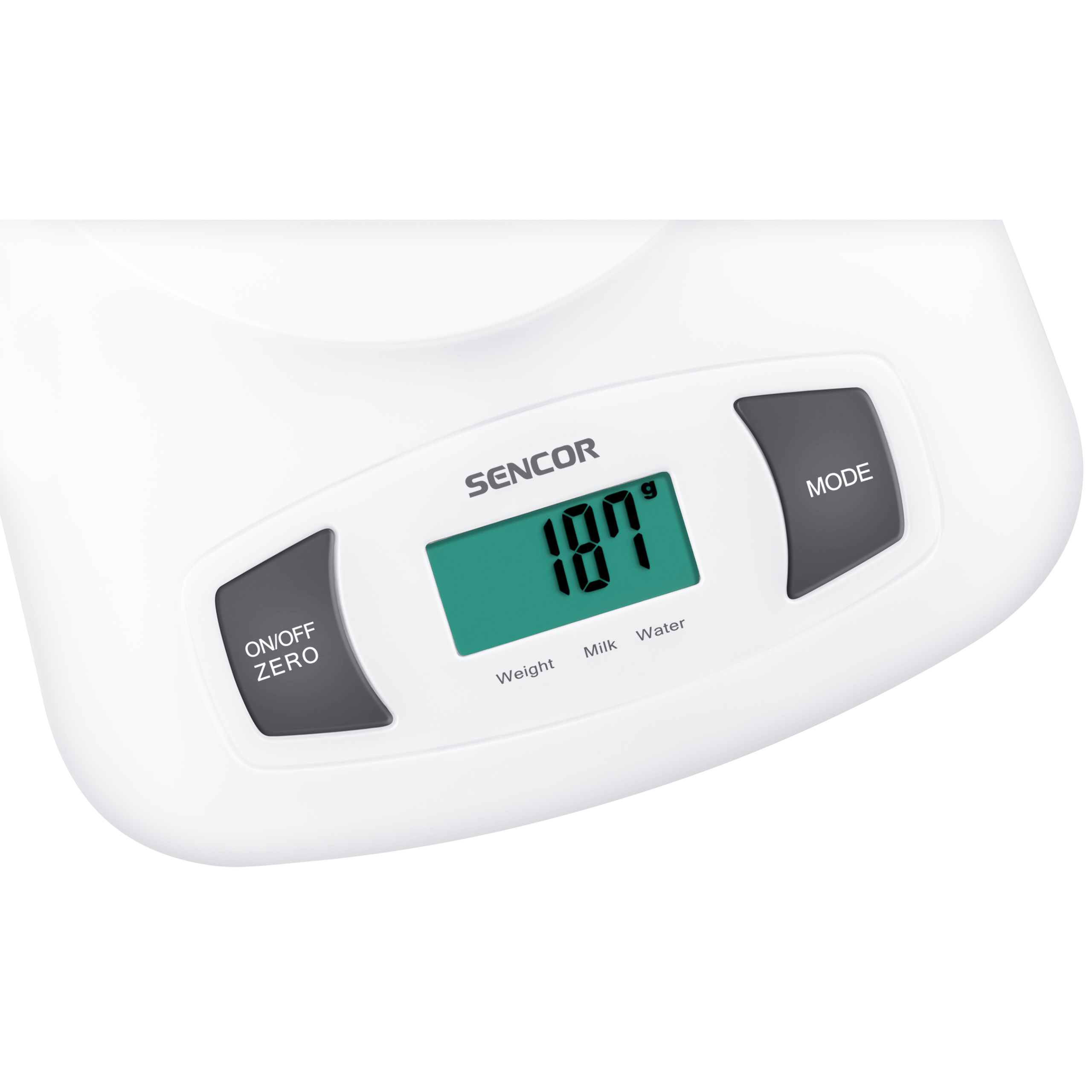 Una bilancia da cucina Sencor bianca con display verde mostra 187g, affiancata da due pulsanti grigi.