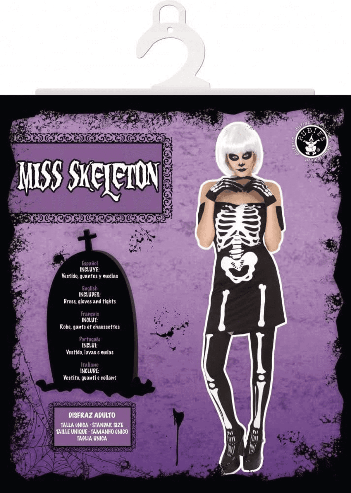 Embalaje de disfraz Miss Skeleton con vestido negro de esqueleto, peluca blanca y guantes sobre fondo morado.