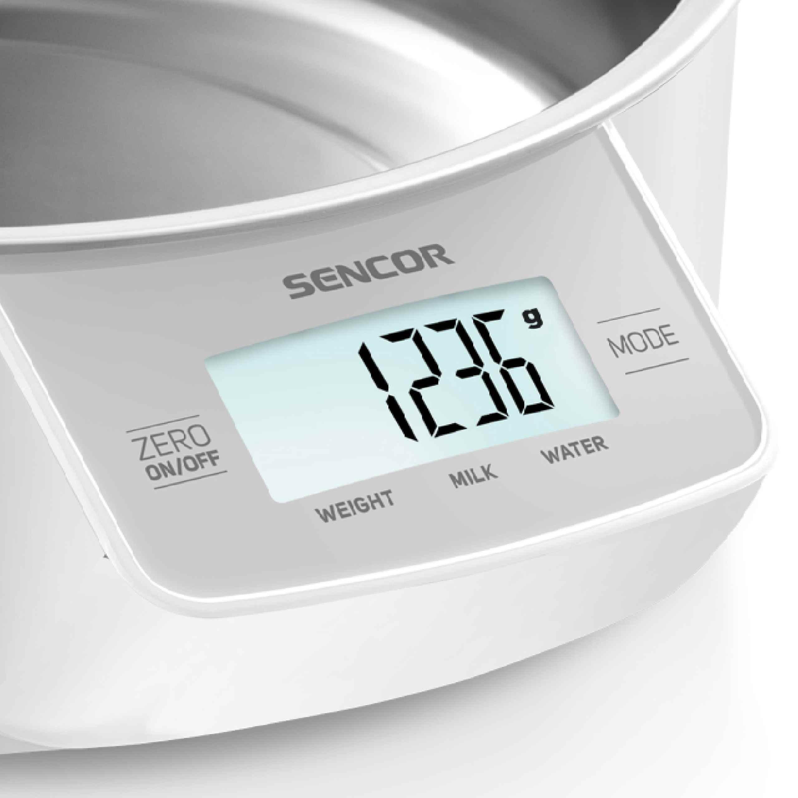 Una bilancia da cucina Sencor con display digitale che mostra 1236g, dotata di ciotola in acciaio inossidabile.