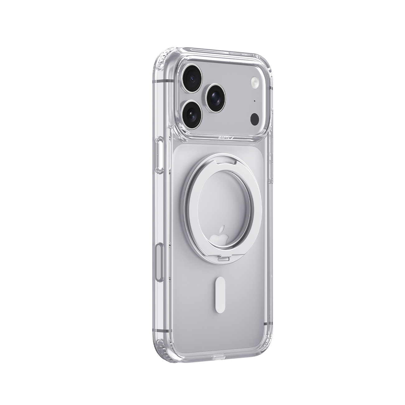 Parte trasera de un smartphone en funda protectora transparente con anillo magnético sobre fondo blanco.