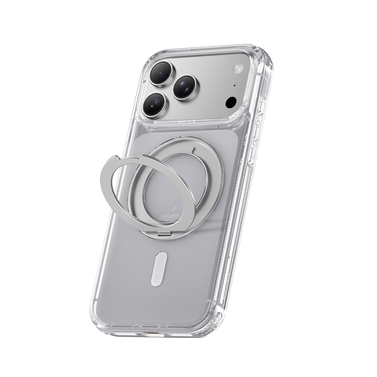 Un teléfono en una funda transparente con un soporte de anillo plateado en la parte trasera.