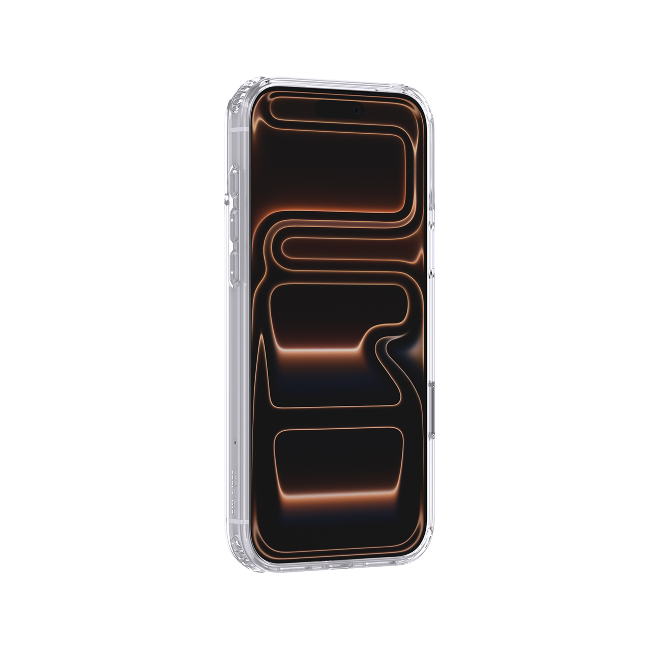Un teléfono inteligente en una funda protectora transparente con una pantalla con patrón abstracto oscuro sobre fondo blanco.