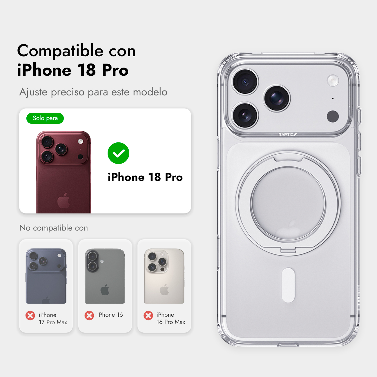 Fundas transparentes con anillo MagSafe para iPhone 18 Pro, con gráfico de compatibilidad de modelos.