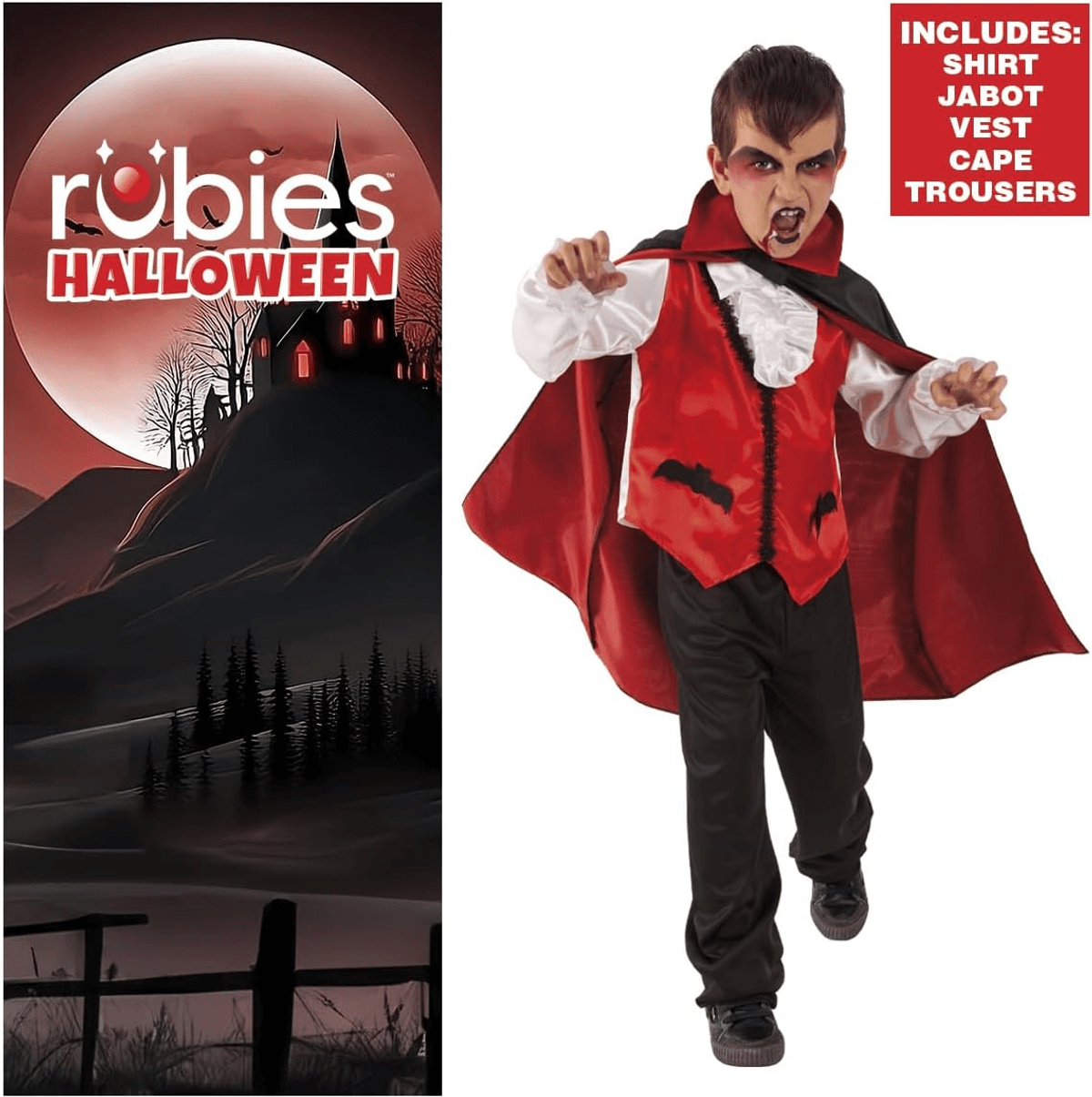Un niño disfrazado de vampiro con chaleco rojo, capa negra y camisa blanca ante un fondo de Halloween.