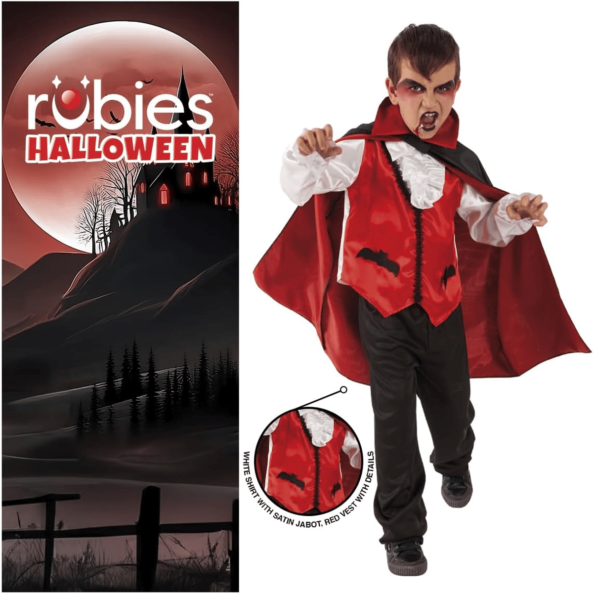 Niño con disfraz de vampiro, chaleco rojo y capa negra frente a un cartel de Rubies Halloween.