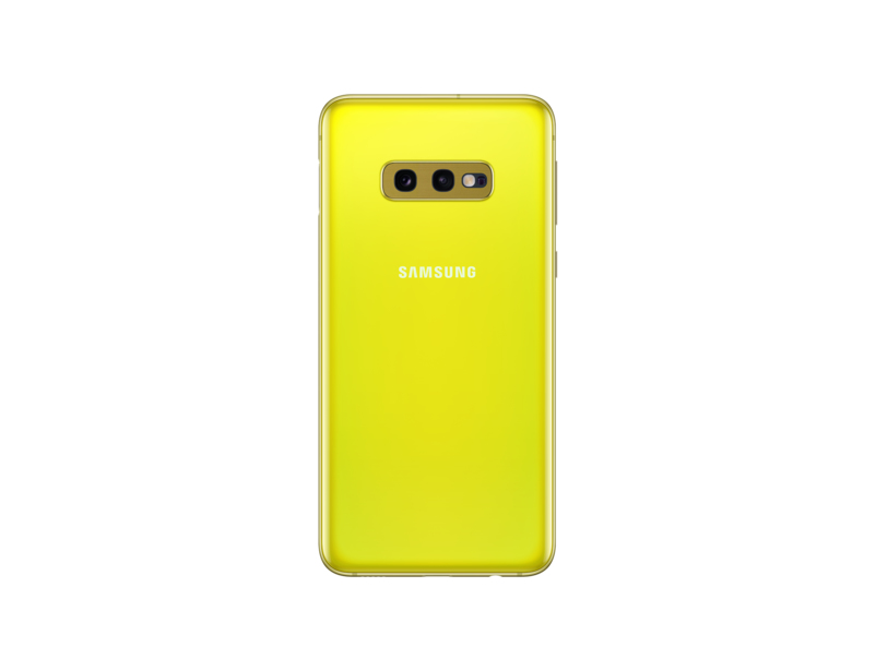 Back of a yellow Samsung smartphone with a horizontal dual camera and logo on a white background.