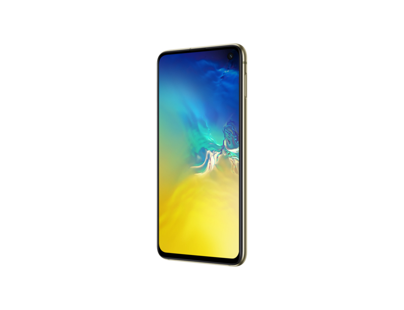 A golden smartphone with colorful blue and yellow wallpaper displayed on the screen.