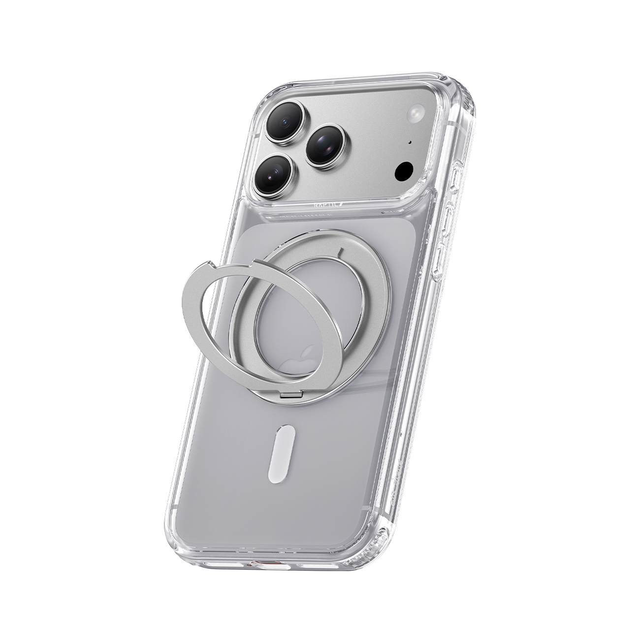 Una funda transparente en un teléfono con un soporte de anillo metálico plateado incorporado en la parte trasera.