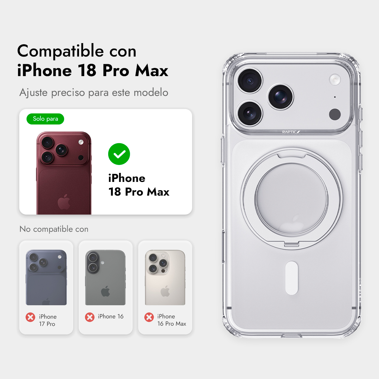 Funda transparente MagSafe para iPhone 18 Pro Max, con tabla de compatibilidad.