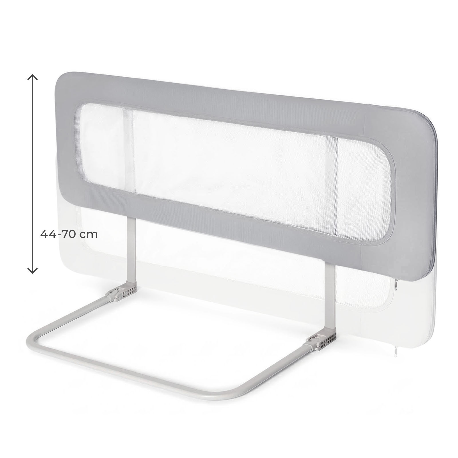 Graues und weißes Bettgitter mit höhenverstellbarem Rahmen von 44-70 cm auf weißem Hintergrund.