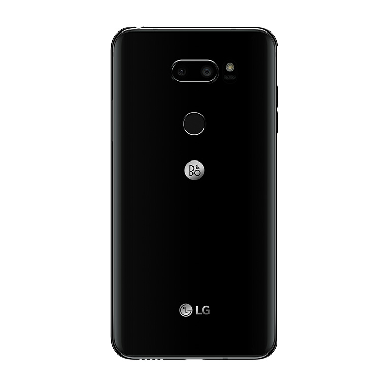 Retro di uno smartphone LG nero con doppia fotocamera, sensore di impronte, logo B&O e marchio LG.