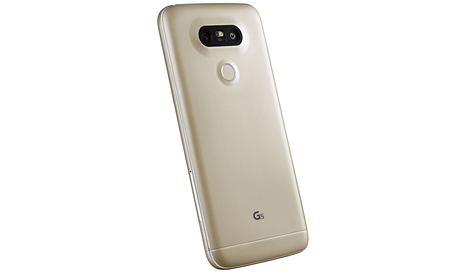 Vista posteriore di uno smartphone LG G5 dorato con doppia fotocamera e sensore.