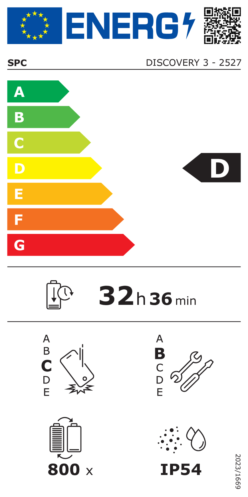 Etiqueta energética D con código QR, 32h36min de autonomía, resistencia a caídas, reparabilidad, 800 ciclos e IP54.