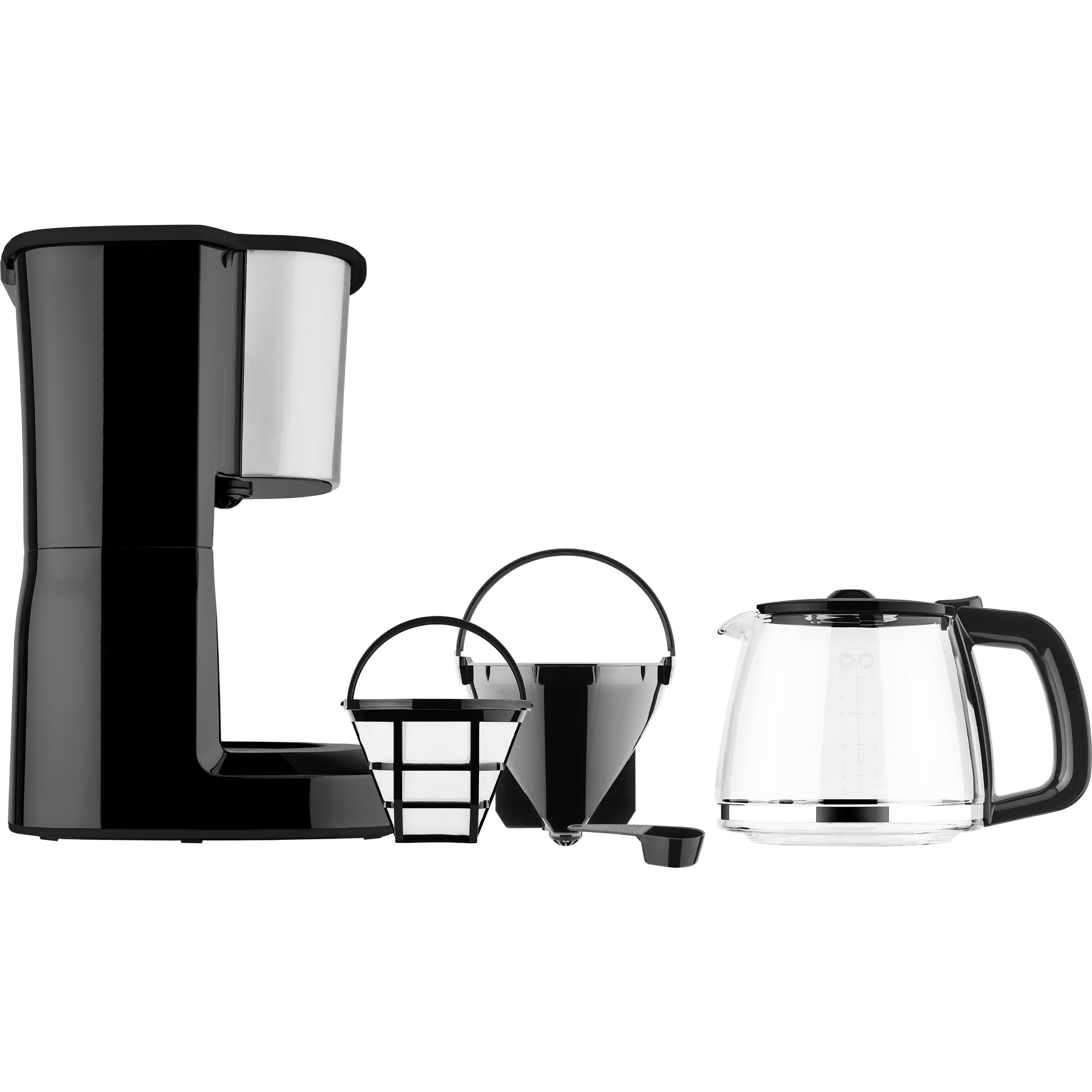 Cafetera de goteo negra con jarra de vidrio, cestas de filtro y una cucharita sobre fondo blanco.