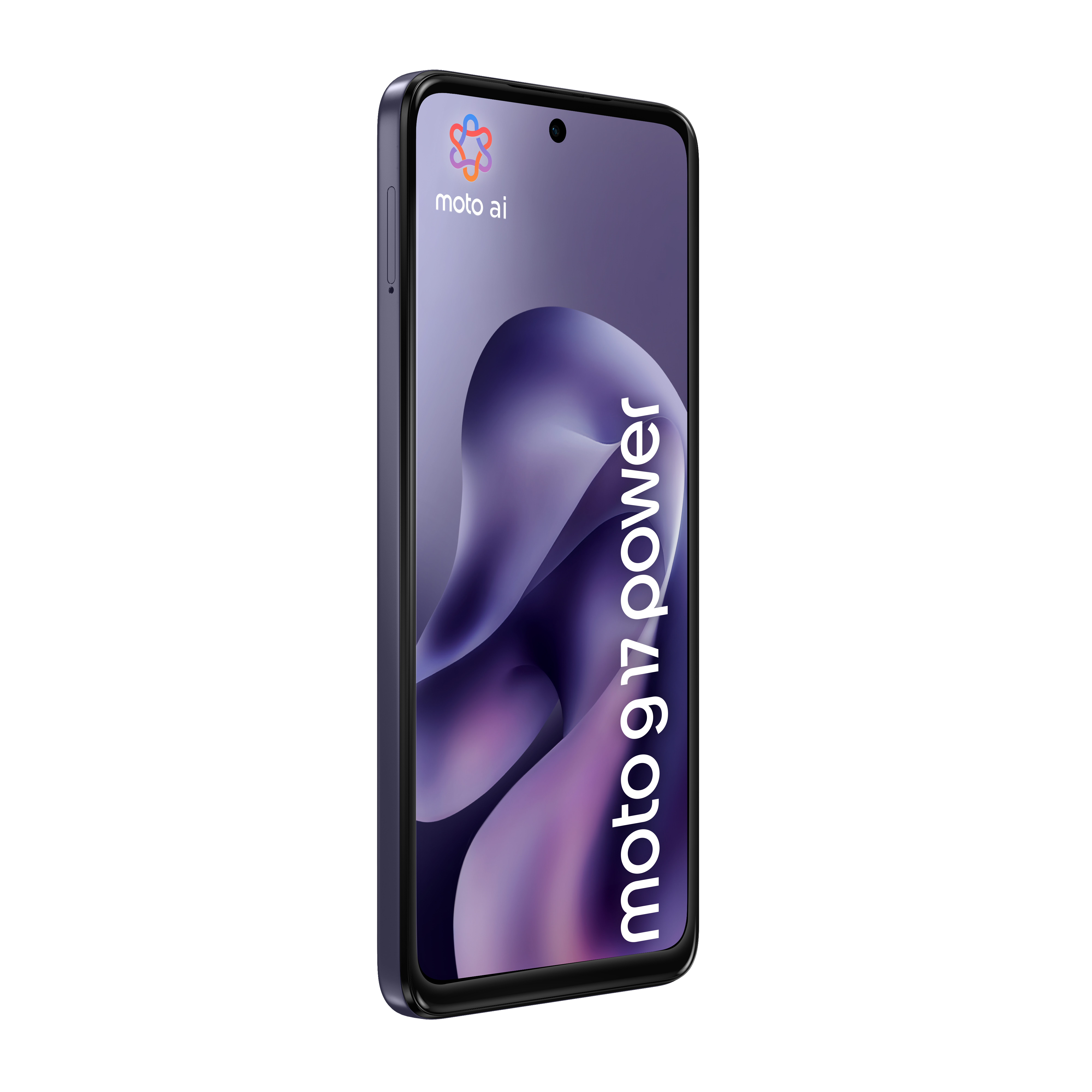 A purple Moto G17 power smartphone displayed vertically against a white background, showing its screen.