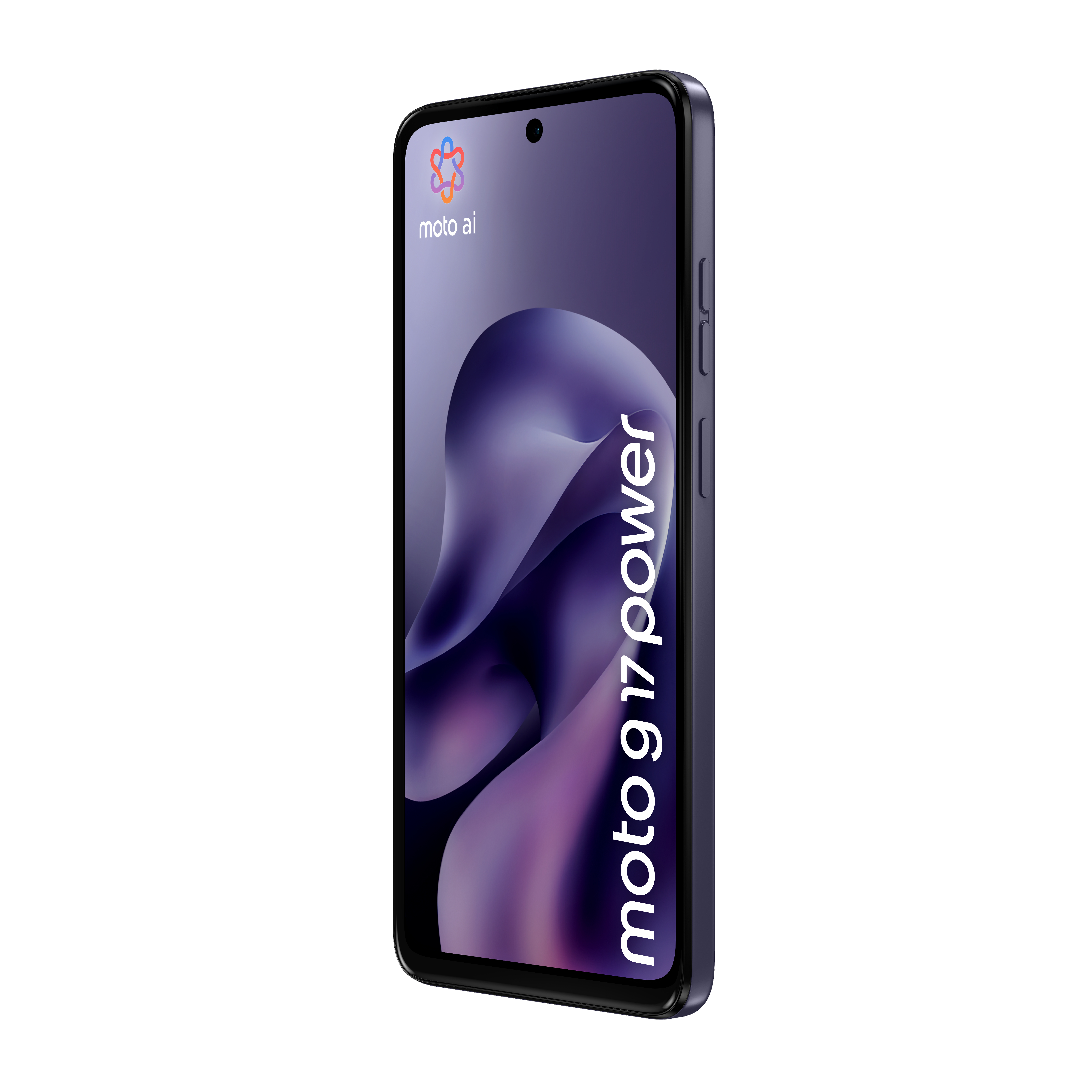A blue Motorola Moto G17 Power smartphone displays a purple abstract screen.