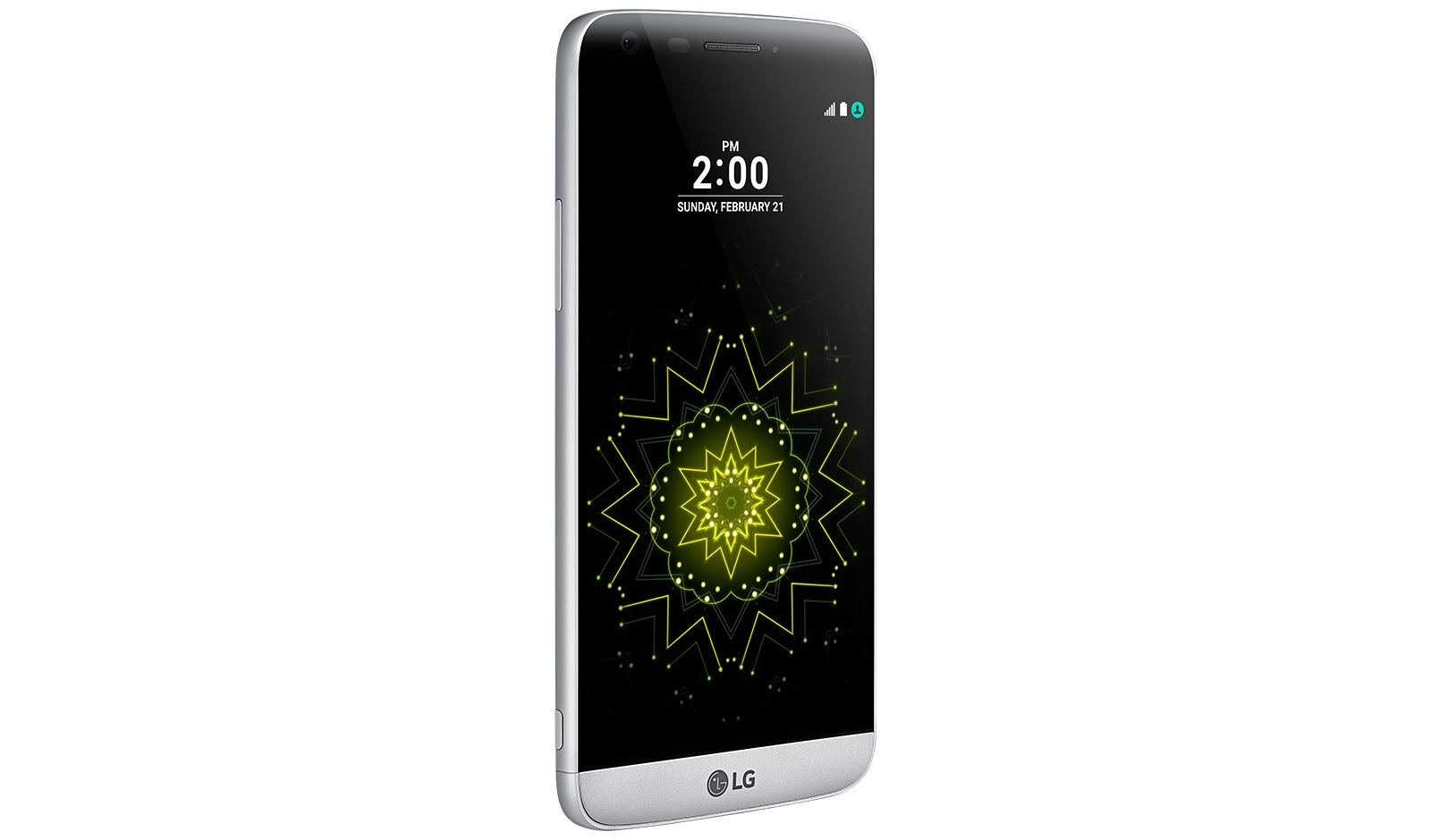 Uno smartphone argentato mostra le 14:00 e un motivo geometrico giallo su sfondo bianco.