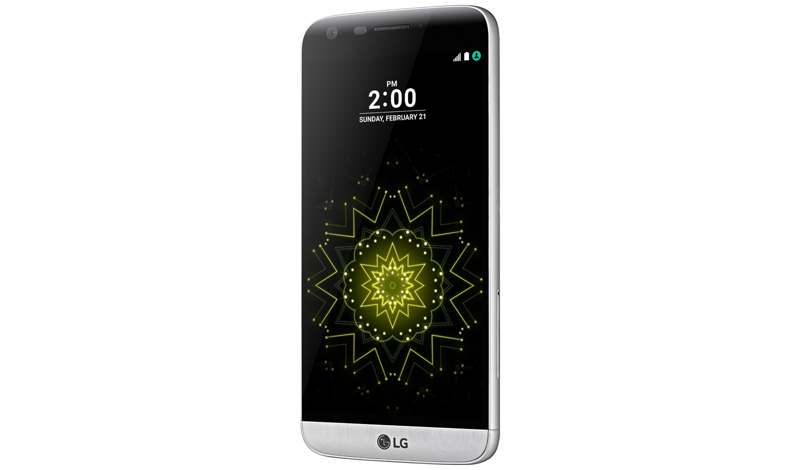 Uno smartphone LG argento con sfondo geometrico luminoso e schermo nero su fondo bianco.