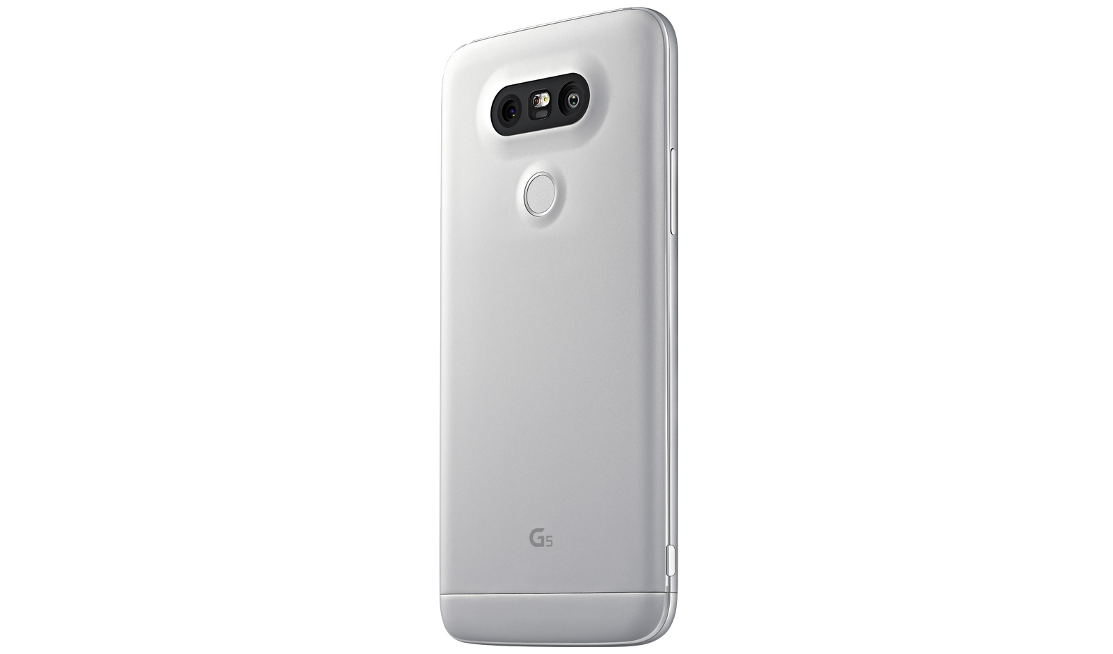 Vista posteriore di uno smartphone LG G5 argento con doppia fotocamera, sensore di impronte e logo su sfondo bianco.