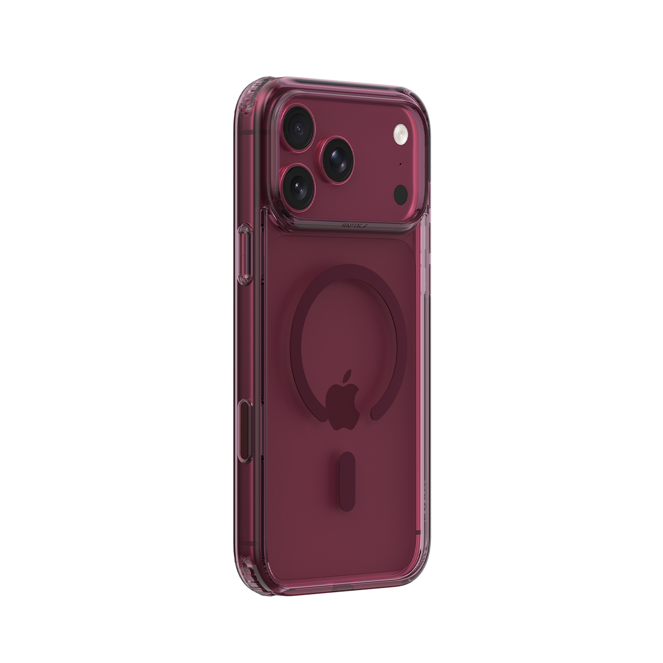 Vista trasera de un teléfono rojo en una funda protectora transparente con marca de anillo magnético.