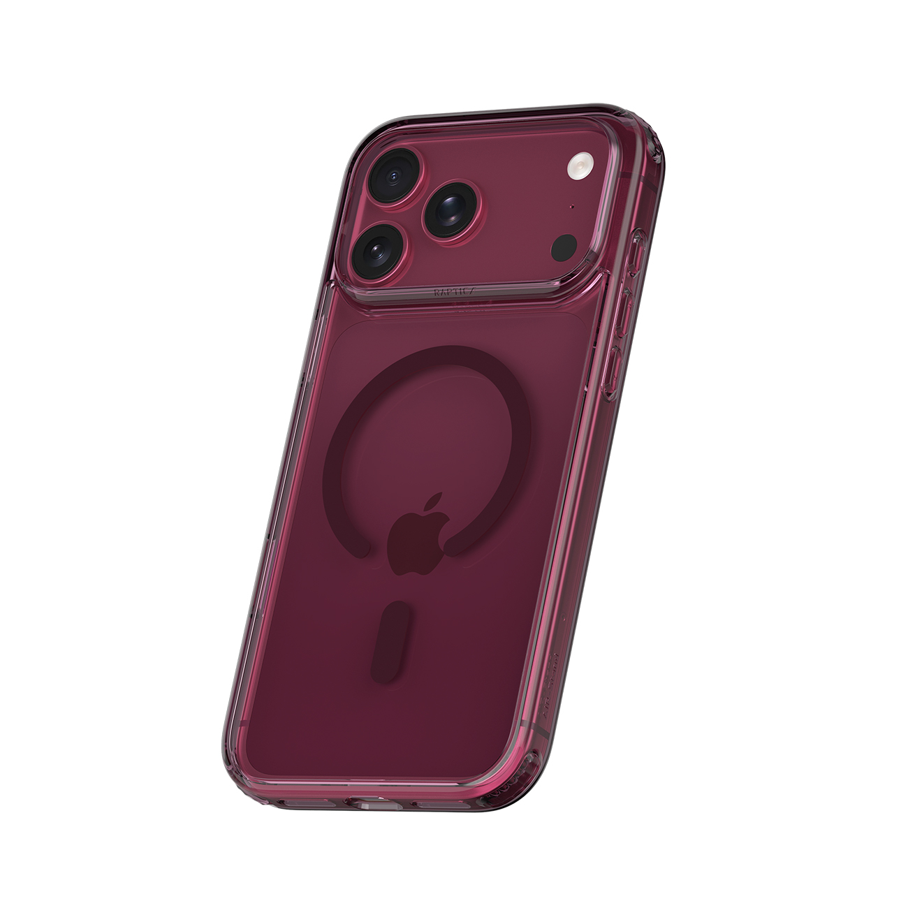 Un smartphone rojo en una funda protectora transparente, inclinado sobre fondo blanco.