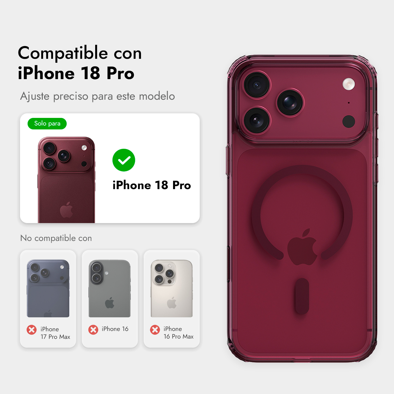 Funda protectora rojo burdeos para iPhone 18 Pro con anillo MagSafe y compatibilidad.