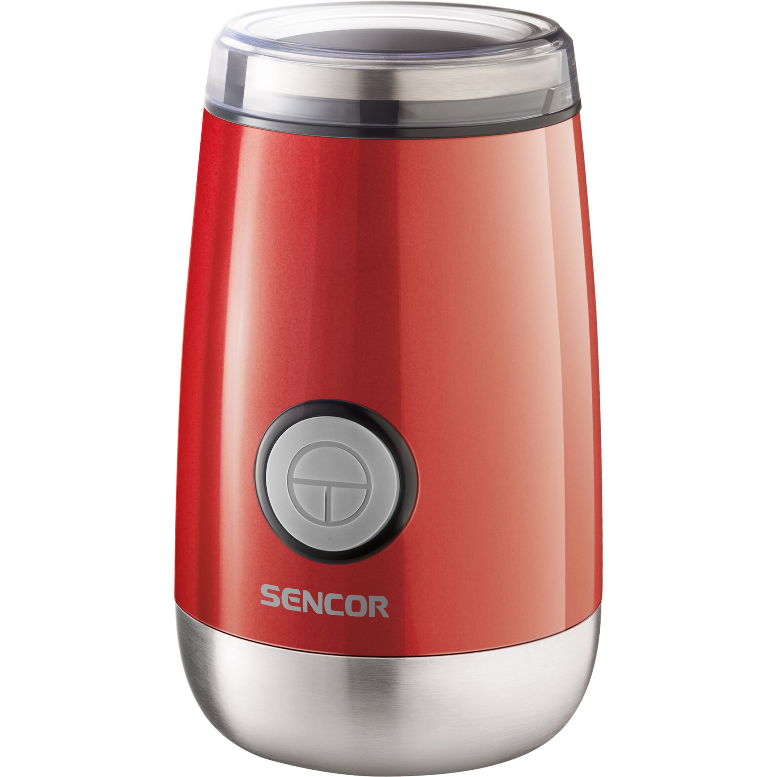 Eine rote Sencor Kaffeemühle mit einem grauen Startknopf und einer transparenten Abdeckung auf einer weißen Basis.