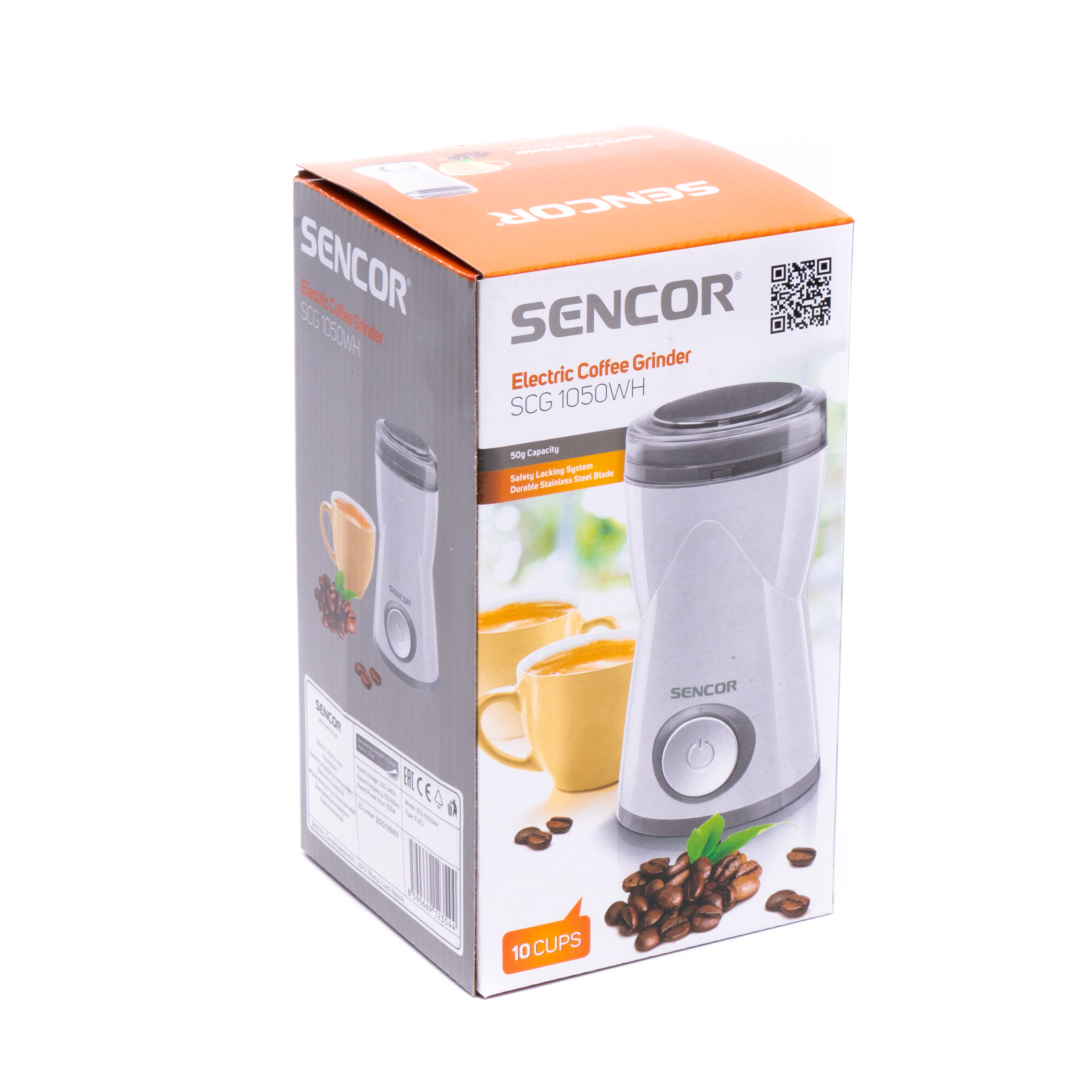 Sencor SCG 1050WH Elektromühle Kartonverpackung mit Abbildung der Kaffeemühle und Bohnen.