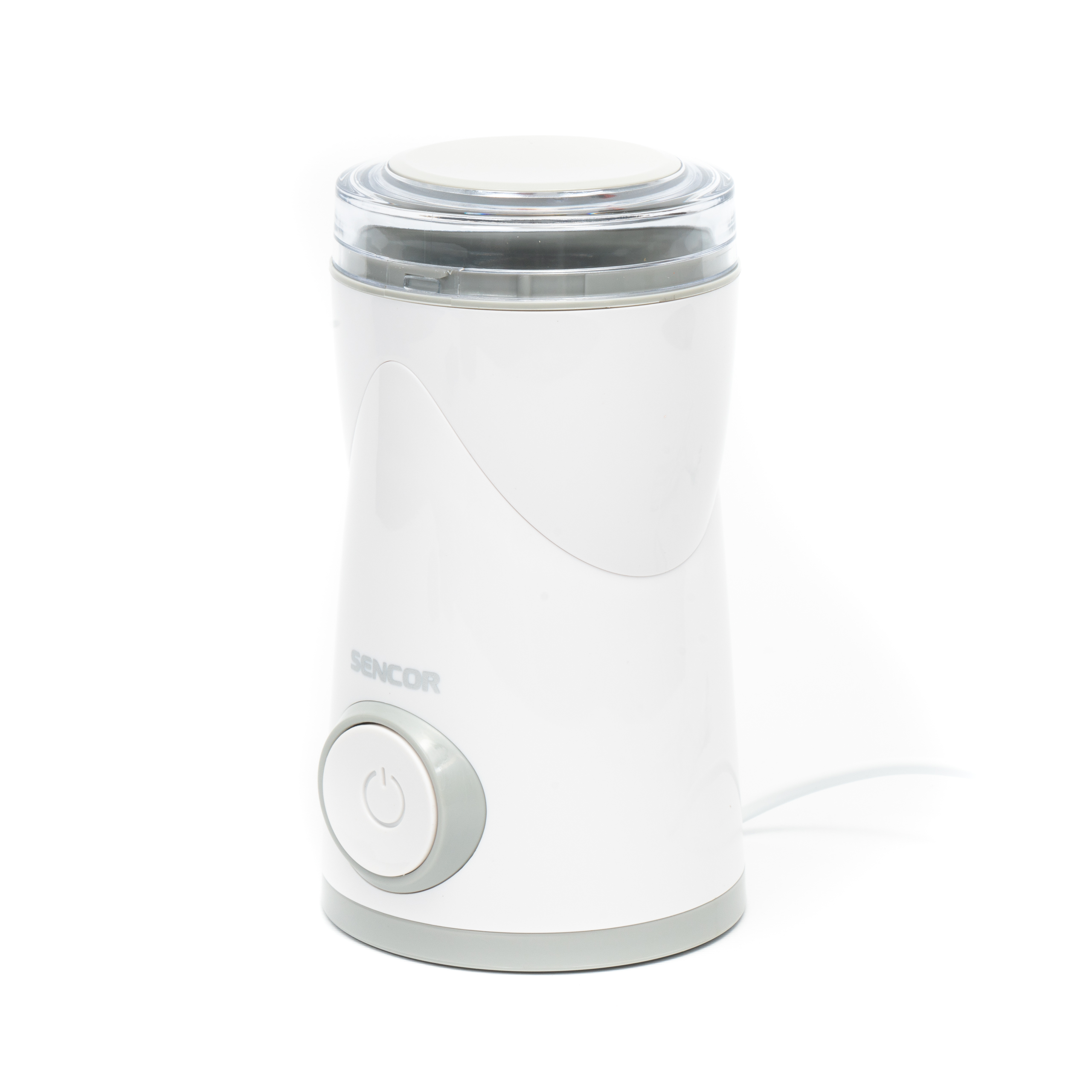 Eine weiße Sencor Kaffeemühle mit einem transparenten Deckel und einem grauen Ein-Ausschalter auf weißem Hintergrund.