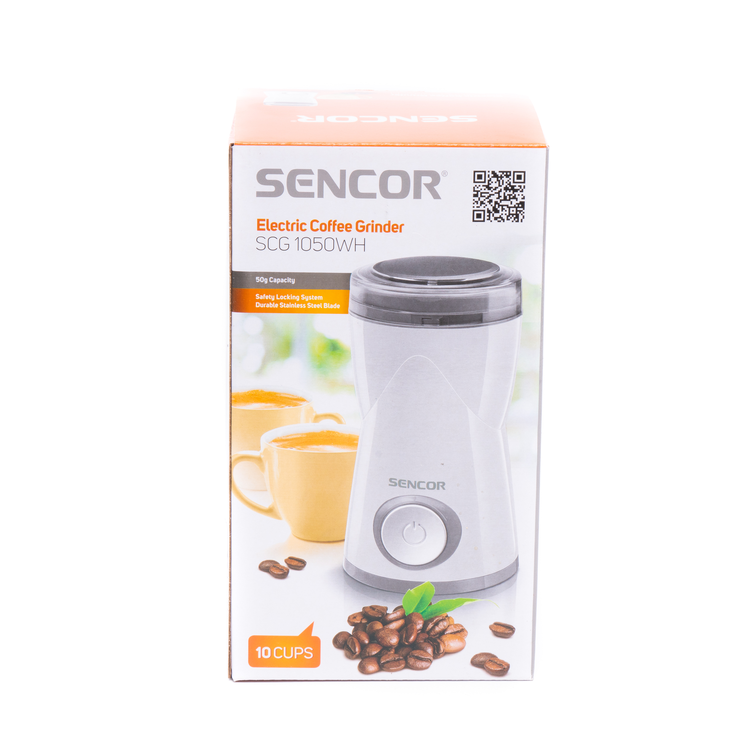Verpackung einer weißen elektrischen Kaffeemühle von Sencor mit Kaffeebohnen und gelben Tassen.