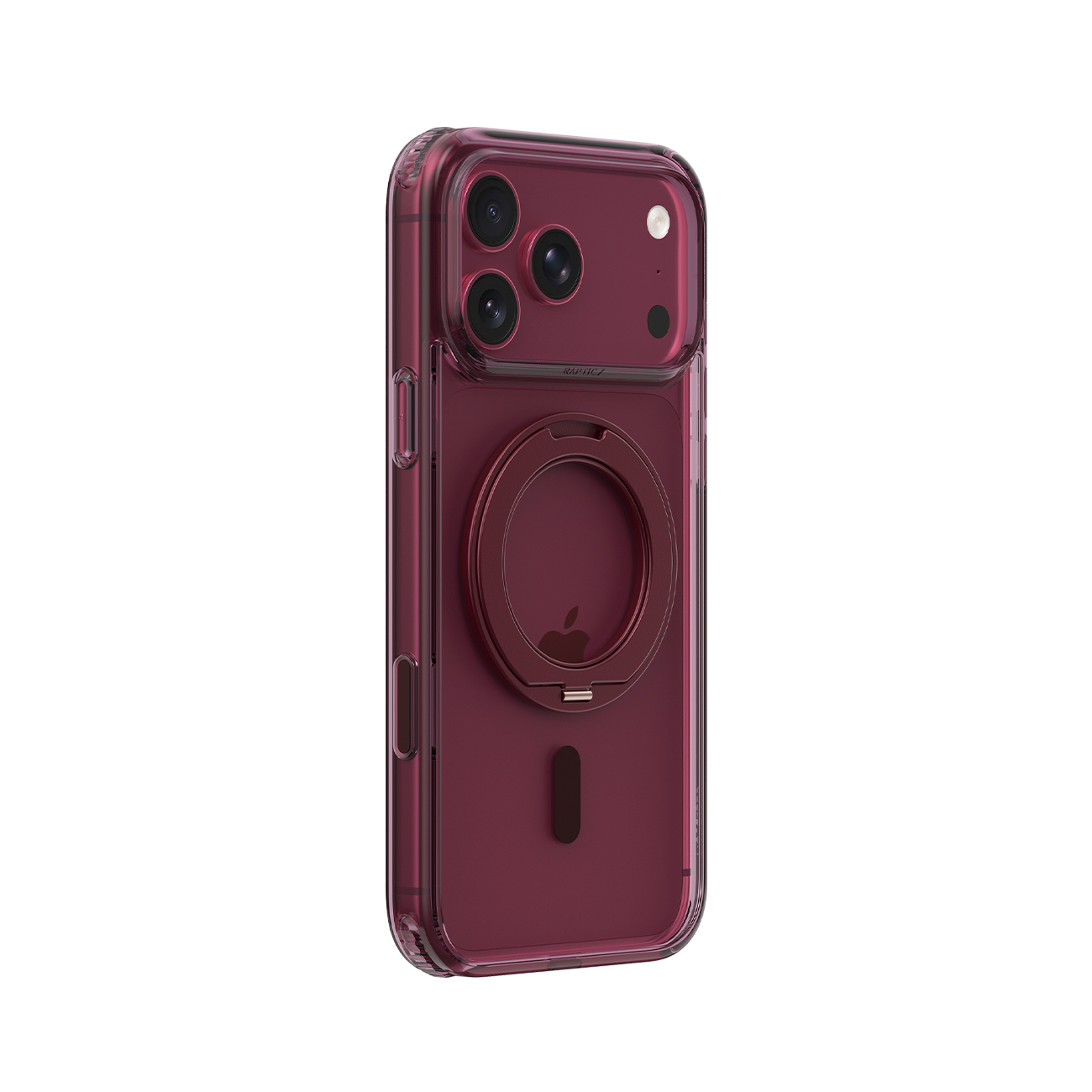 Smartphone rojo en funda transparente con anillo MagSafe y triple cámara en la parte trasera.
