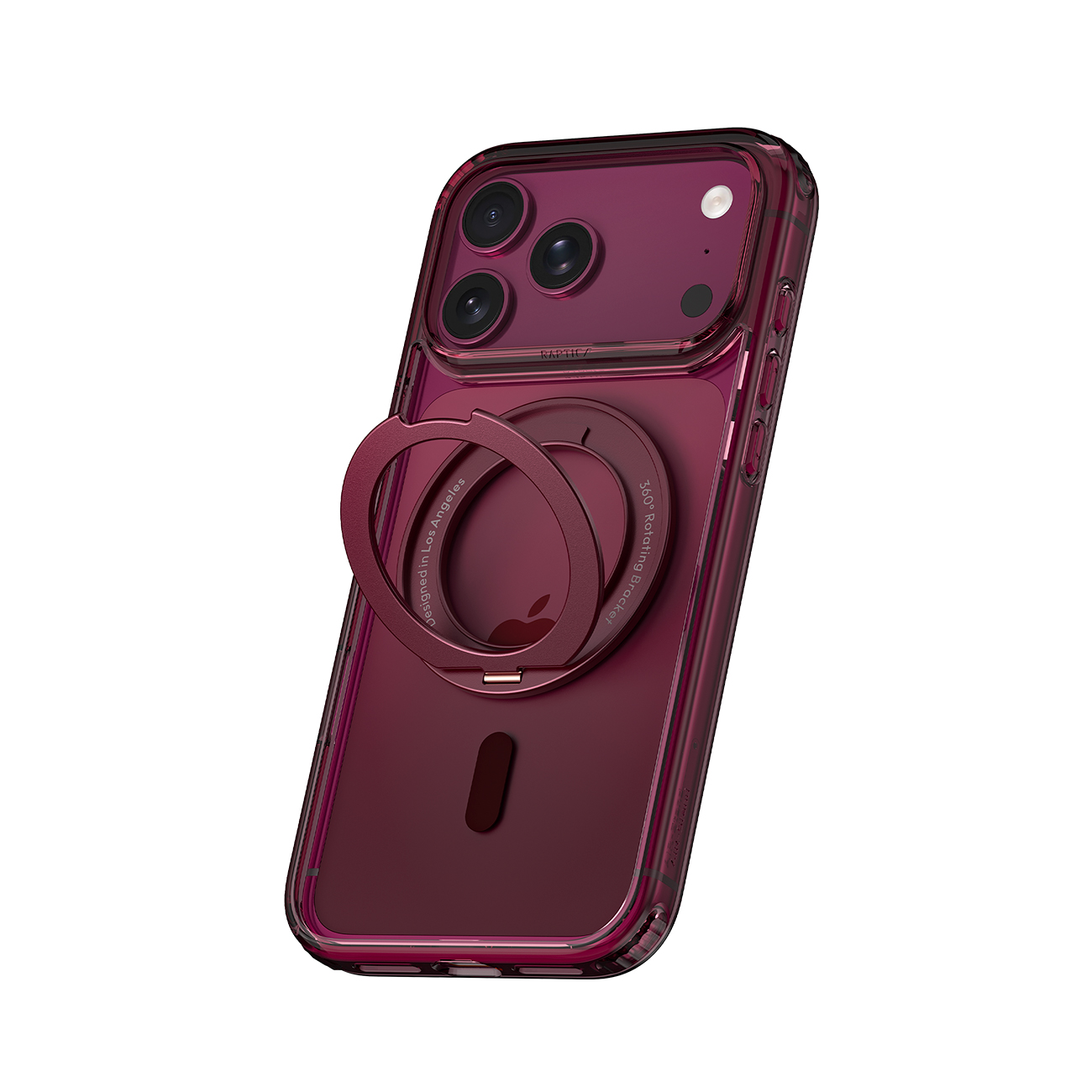 Un teléfono inteligente granate en una funda protectora con un soporte de anillo integrado y desplegado en la parte posterior.