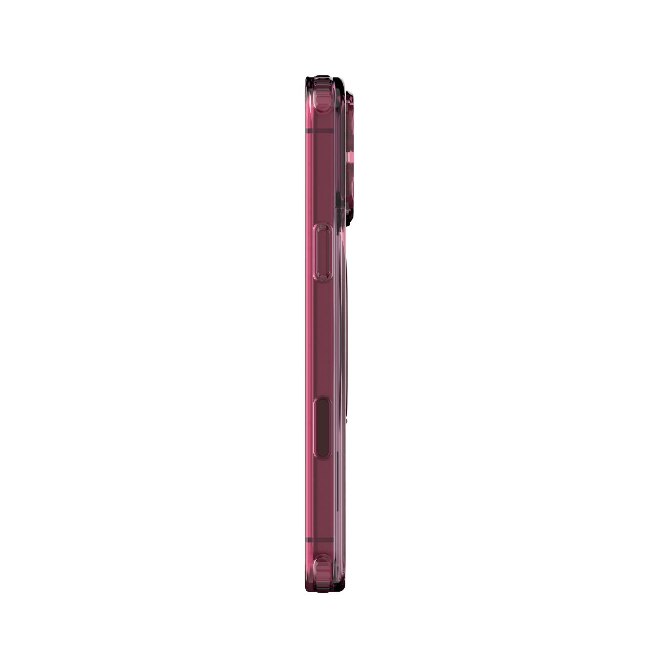 Vista lateral de un smartphone rosa con funda protectora y botones laterales sobre fondo blanco.