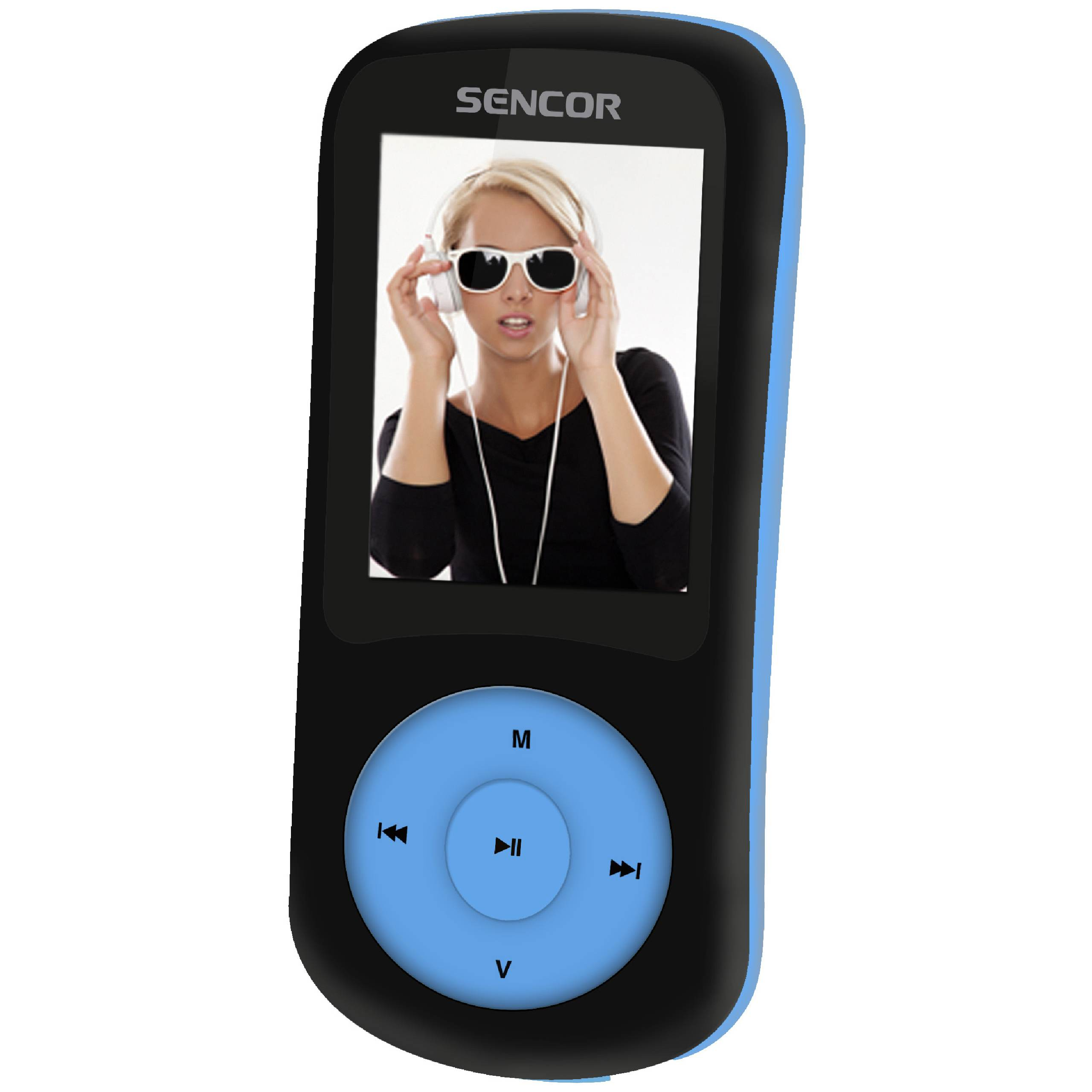 Schwarzer MP3-Player von Sencor mit blauem Rand und einem runden blauen Steuerungsfeld. Auf dem Display ist eine blonde Frau zu sehen, die Kopfhörer und weiße Sonnenbrille trägt.
