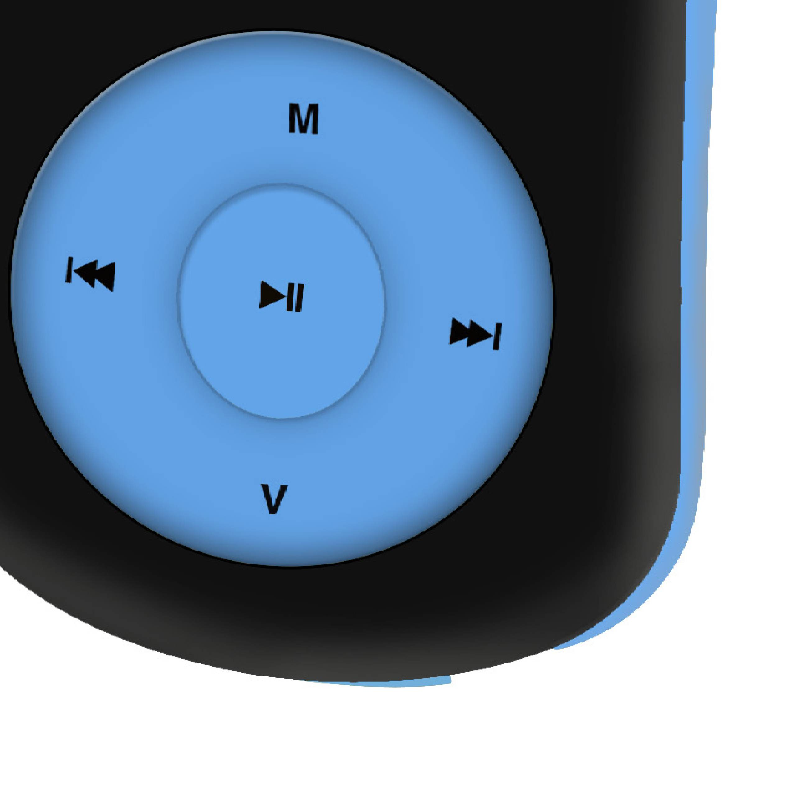 Ein blauer MP3-Player mit Navigationstasten auf einem schwarzen Gehäuse.
