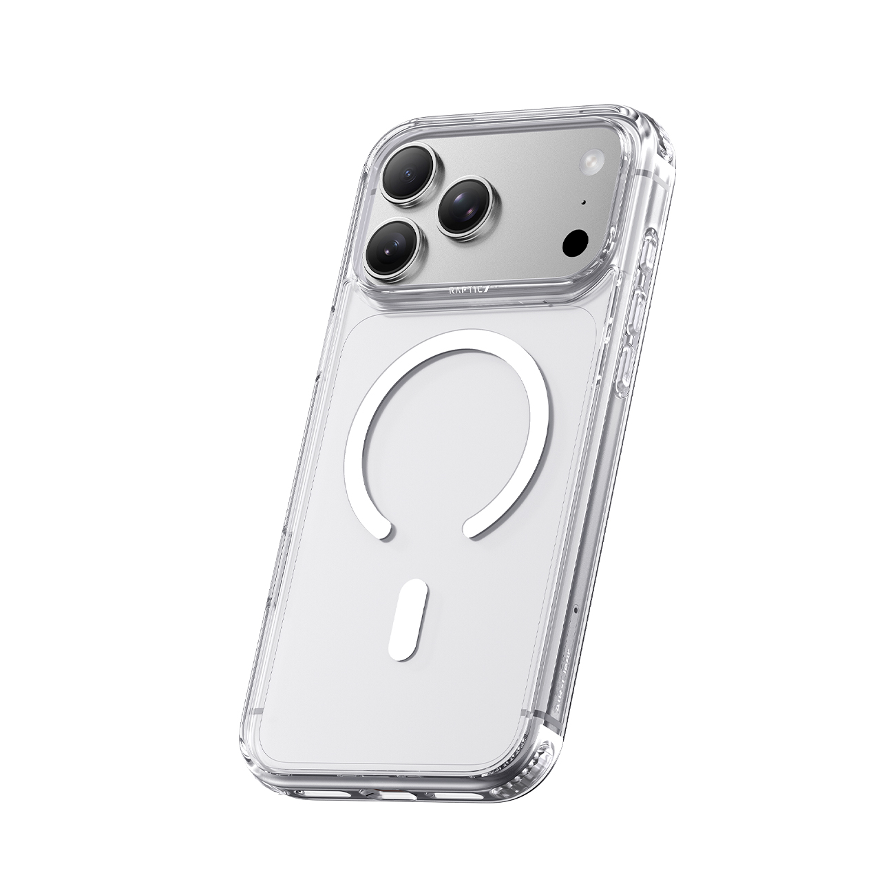 Vista trasera de un smartphone dentro de una funda protectora transparente con un anillo magnético visible.