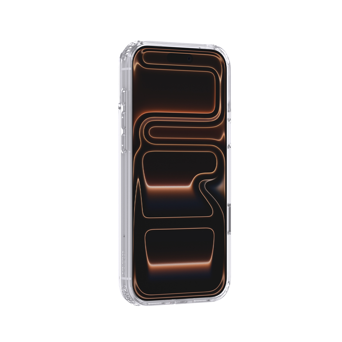 Un smartphone en una funda protectora transparente muestra un fondo de pantalla abstracto con líneas.