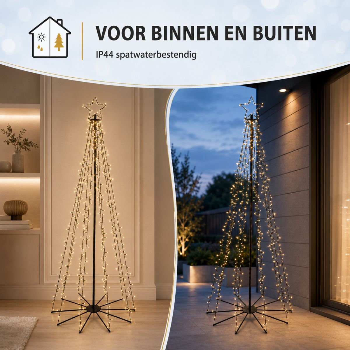 Beleuchteter LED-Weihnachtsbaum mit Stern für den Innen- und Außenbereich, IP44.