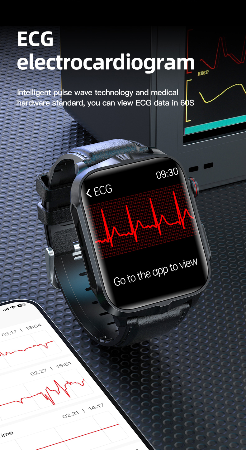Un reloj inteligente muestra un gráfico de ECG en su pantalla, con textos como ECG y Go to the app to view.