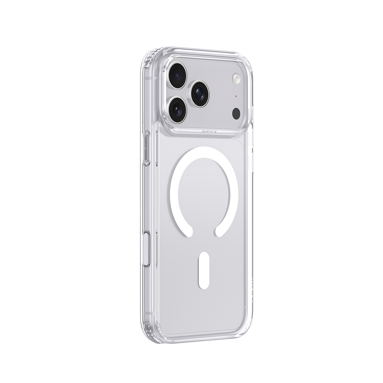 Funda transparente para smartphone con anillo MagSafe en la parte posterior.