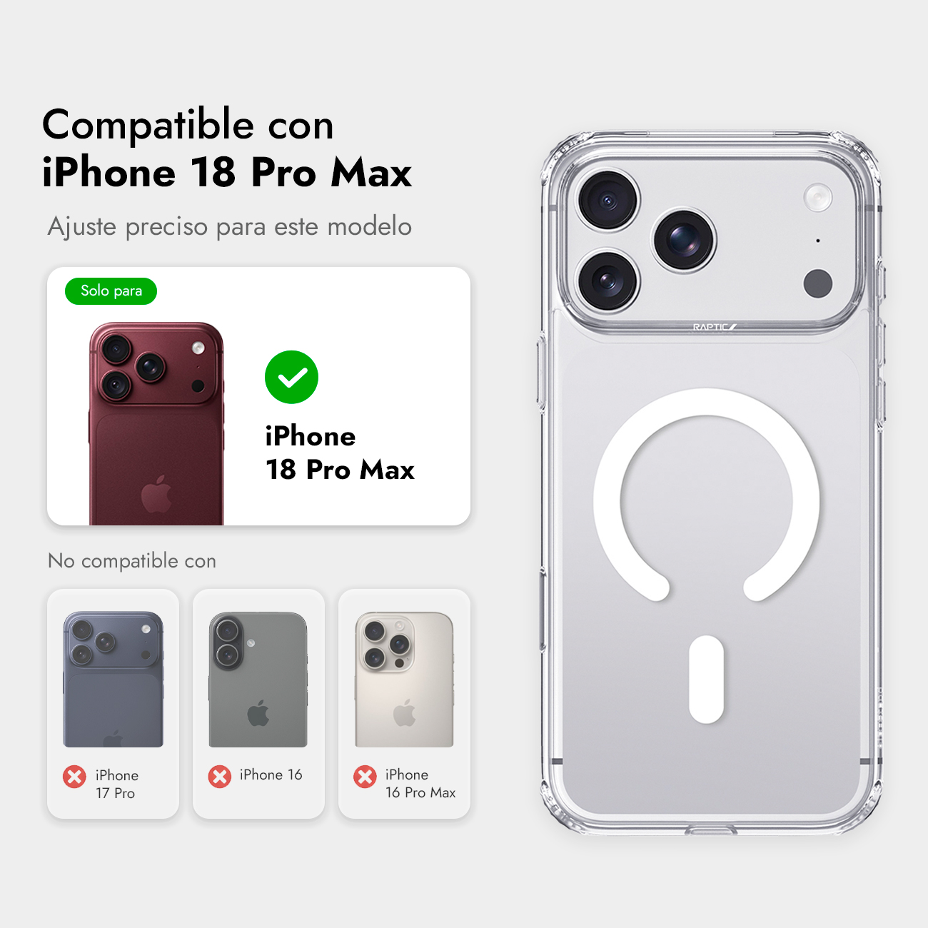 Funda transparente con anillo MagSafe, compatible con iPhone 18 Pro Max, con detalles de compatibilidad.