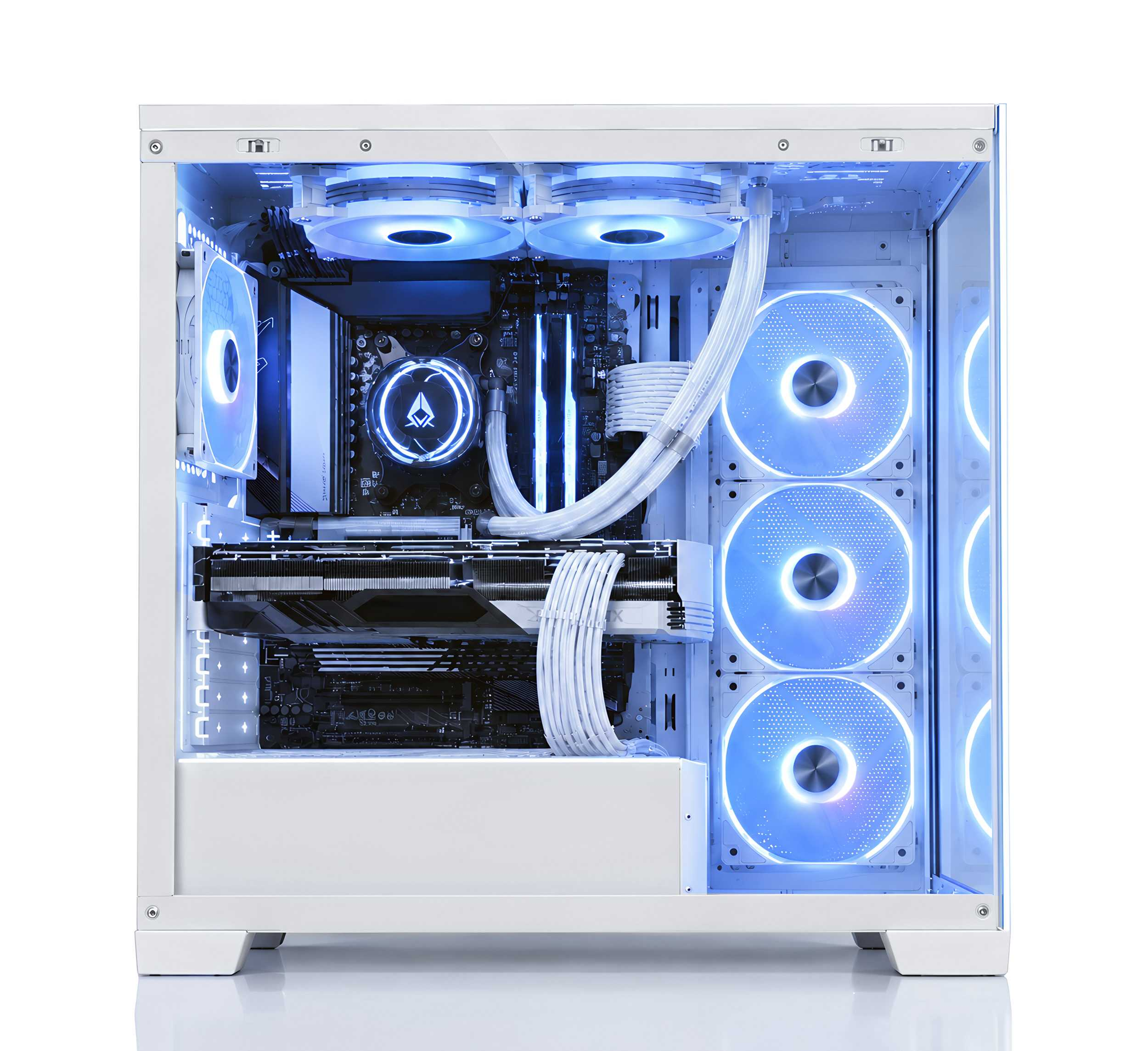 Weißes PC-Gehäuse mit internen Komponenten und blauer RGB-Beleuchtung.