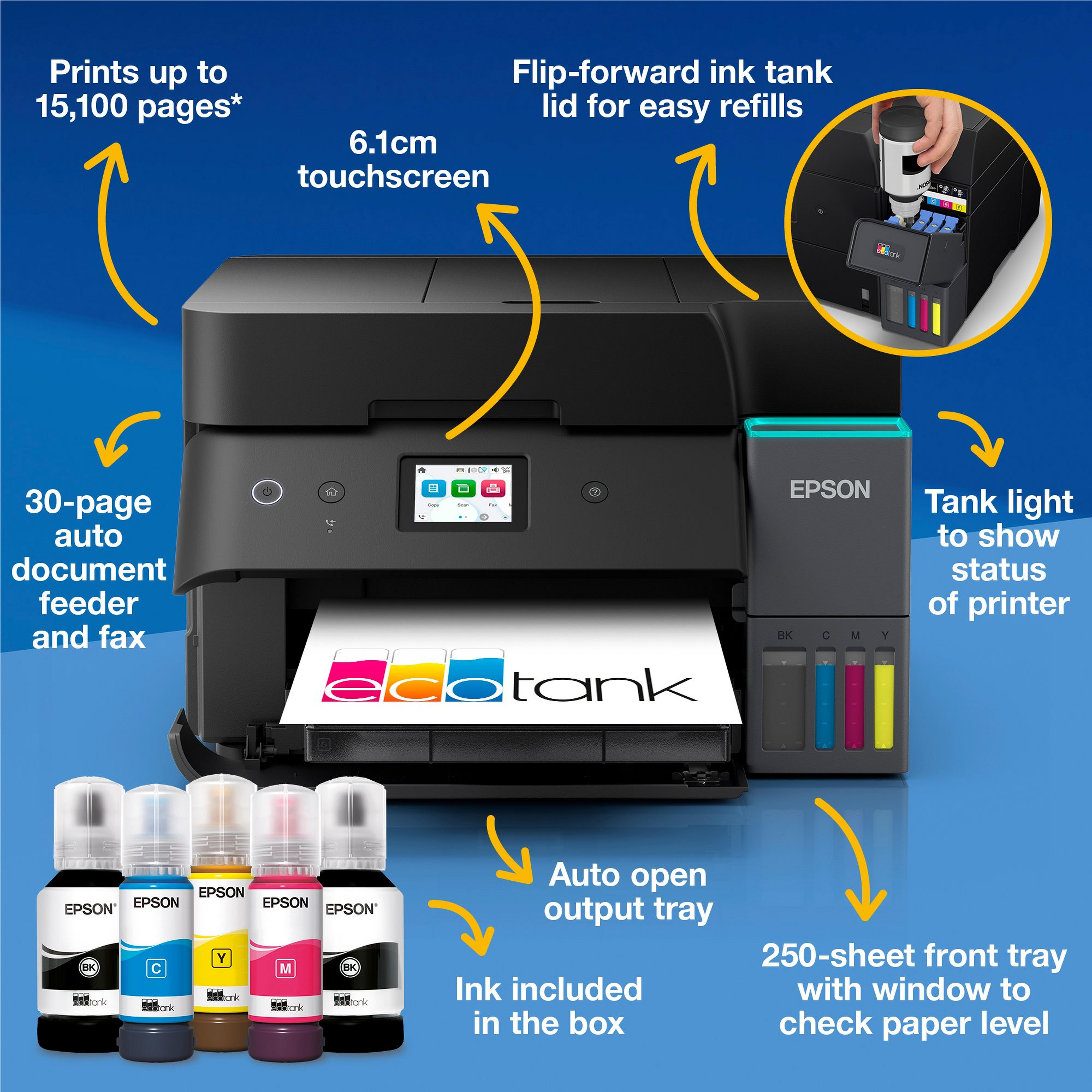 Drukarka Epson EcoTank z butelkami z tuszem i żółtym tekstem informacyjnym na niebieskim tle.