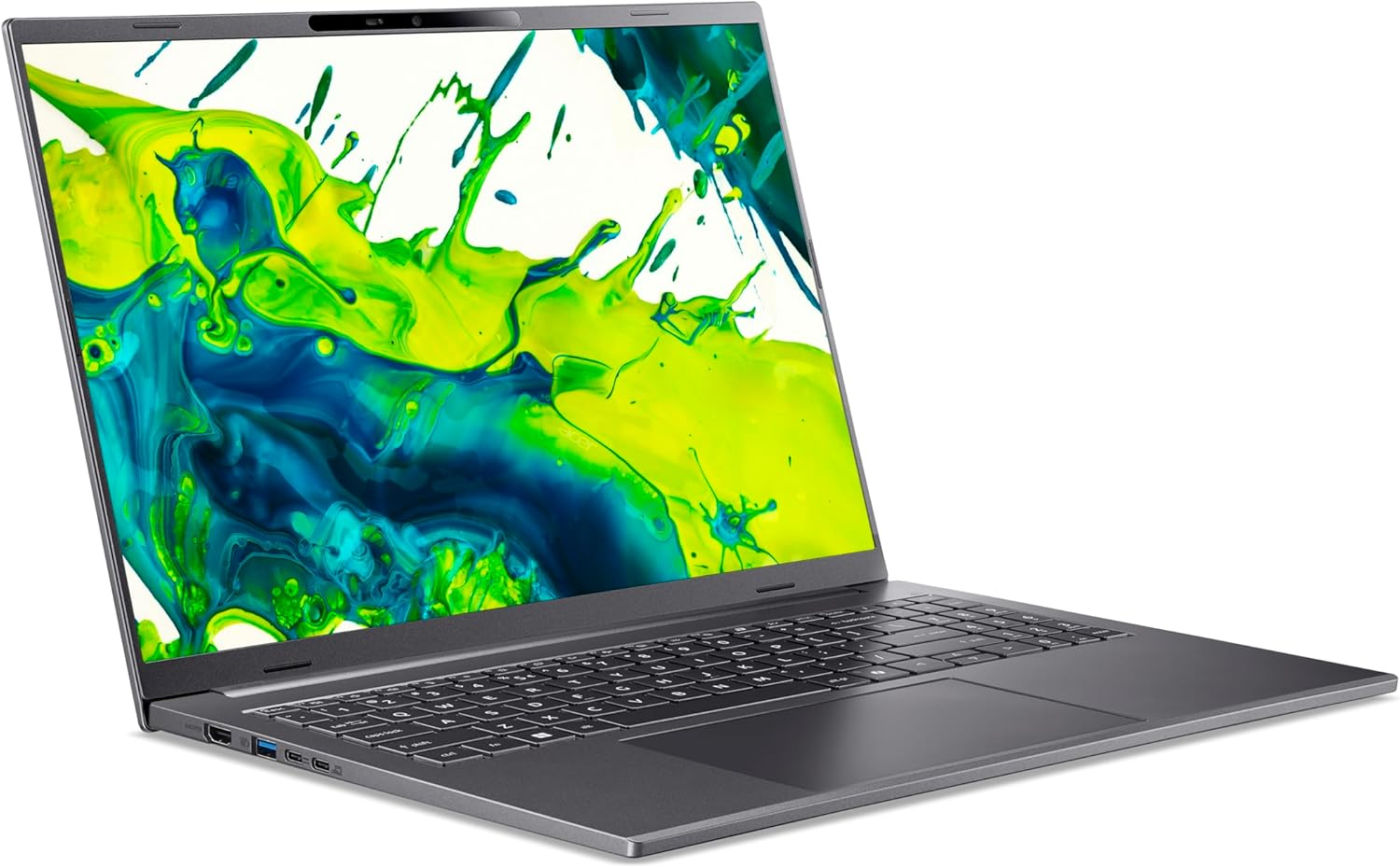 Ein grauer Laptop mit einem lebendigen, grün-blauen abstrakten Spritzmuster-Hintergrundbild auf dem Bildschirm.