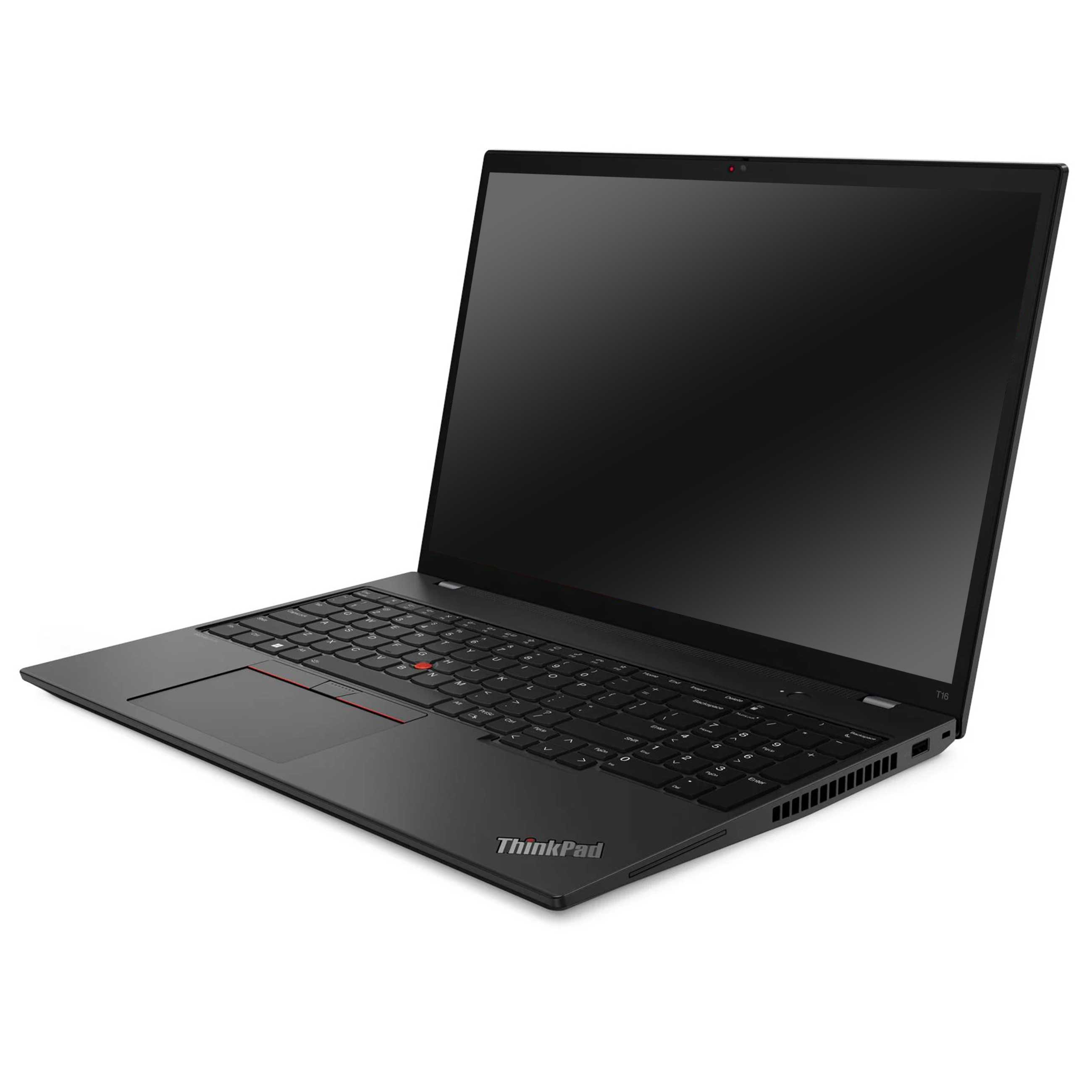 Ein schwarzer ThinkPad T16 Laptop steht geöffnet auf einer weißen Oberfläche und zeigt Tastatur und Bildschirm.