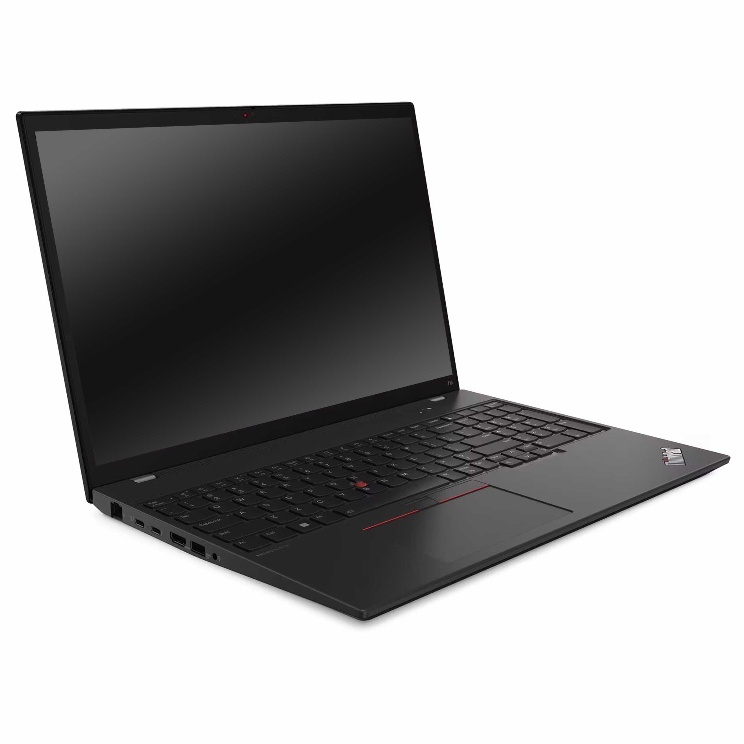 Ein schwarzer Laptop auf weißem Hintergrund, seitlich geöffnet mit schwarzem Bildschirm und beleuchteter Tastatur.