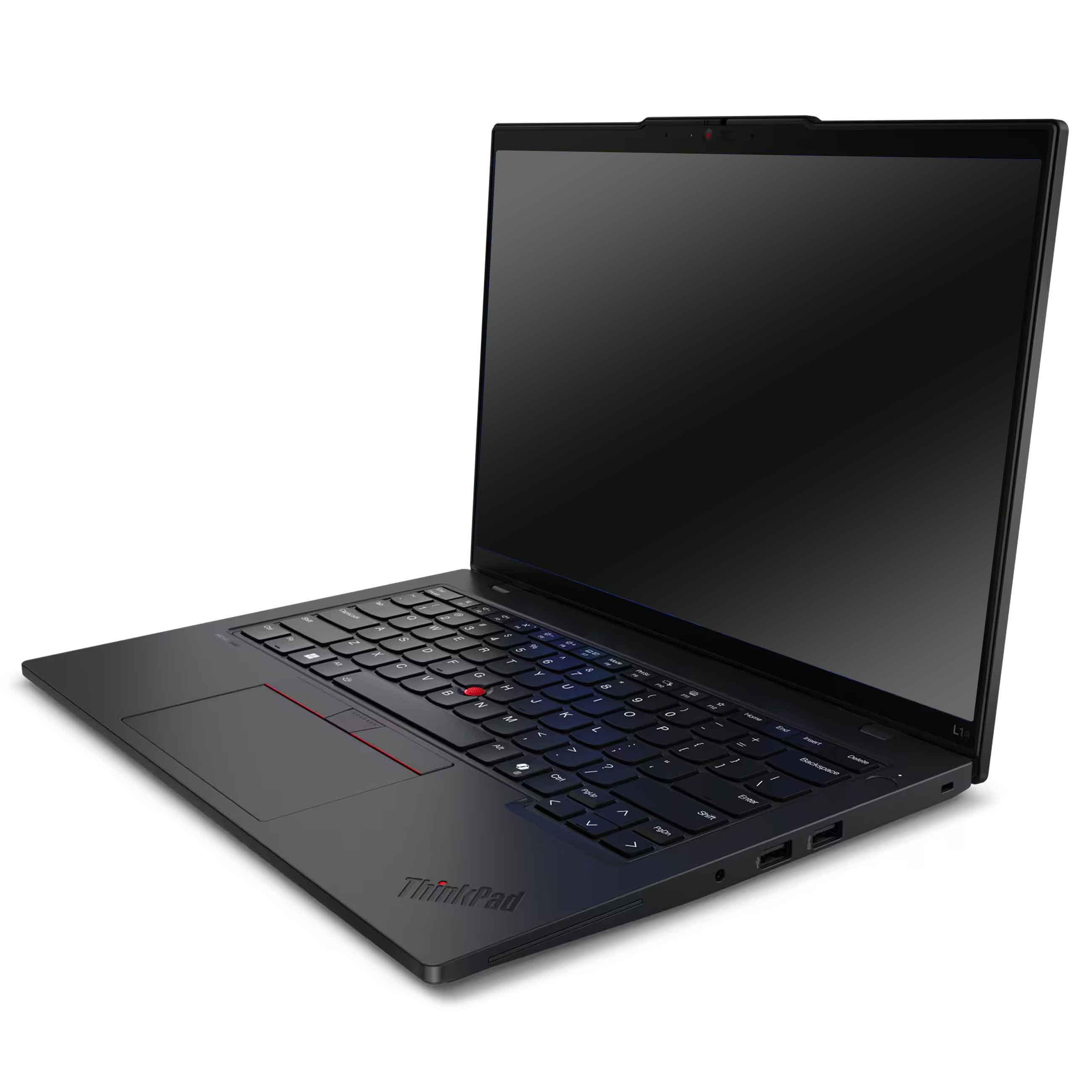 Ein schwarzer ThinkPad-Laptop steht offen auf weißem Hintergrund, mit sichtbarer Tastatur und rotem TrackPoint.